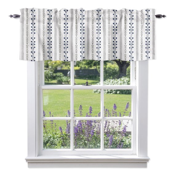 Eclectic Stripes Valances for Windows, Rustic Navy Blue Dashed Lines Shabby Chic Gray Leaf Rod Pocket Valance Short Window Treatments Curtains for Kitchen Bathroom Bedroom Decor, 42 x 12 Inches
