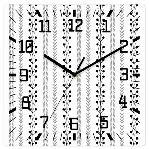 Eclectic Stripes Wall Clock Rustic Black Dashed Lines Shabby Chic Gray Leaf 10 Inch Wooden Wall Clock Silent Non Ticking Wall Clocks Quartz Battery Operated Square Clock for Living Room Bedroom Home