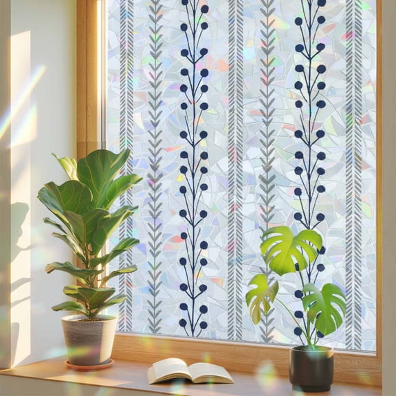 Eclectic Stripes Window Privacy Film, Rustic Navy Blue Dashed Lines Shabby Chic Gray Leaf Stained Glass Rainbow Film Decorative Window Clings, Static Cling Sun Blocking Stickers 17.7" x 39.3"