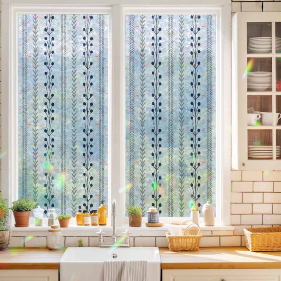 Eclectic Stripes Window Privacy Film Rustic Navy Blue Dashed Lines Shabby Chic Gray Leaf Static Cling Stained Glass Window Film Non-Adhesive Decorative Decals Rainbow Sticker 17.7"X39.3"