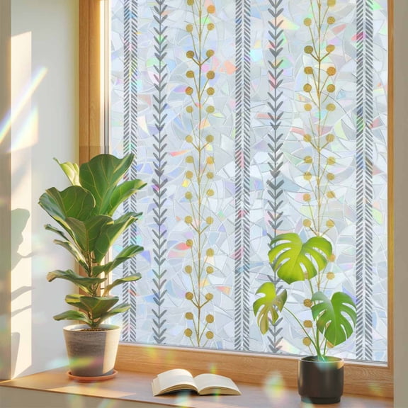 Eclectic Stripes Window Privacy Film, Rustic Yellow Dashed Lines Shabby Chic Gray Leaf Stained Glass Rainbow Film Decorative Window Clings, Static Cling Sun Blocking Stickers 17.7" x 39.3"