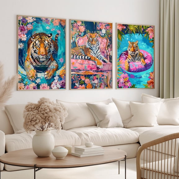 Eclectic Tiger Art Colorful Maximalist Decor Set 3 Unframed Paper Print 16x24