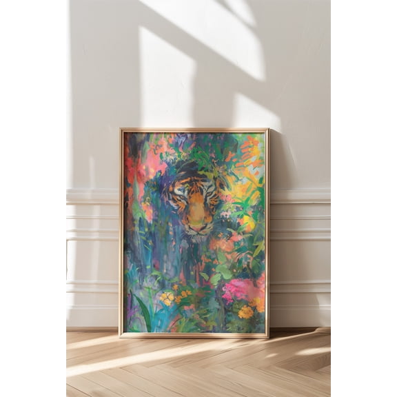 Eclectic Tiger Art Print, Maximalist Jungle Wall Decor, Wild Animal Illustration, Unframed Paper Print Size 8x12