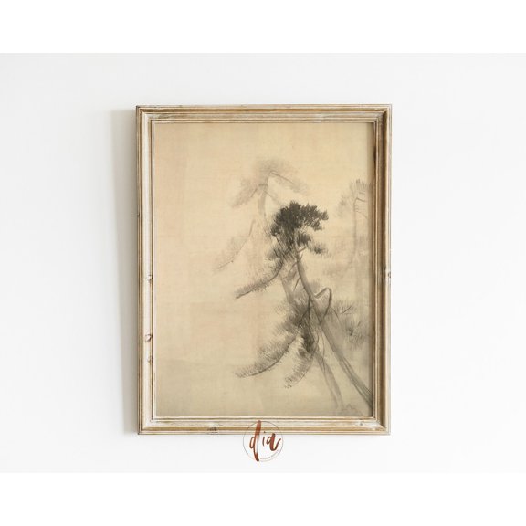 Eclectic Wall Art Japandi Pine Tree Drawing Vintage Japanese Illustration, Stretched Canvas 8x10in