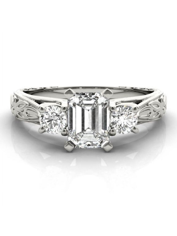 2.13 Ct Emerald Cut 3-Stone Lab-Created Simulated Diamond Ring 14K White Gold Plated Vintage Leaf Style for Women