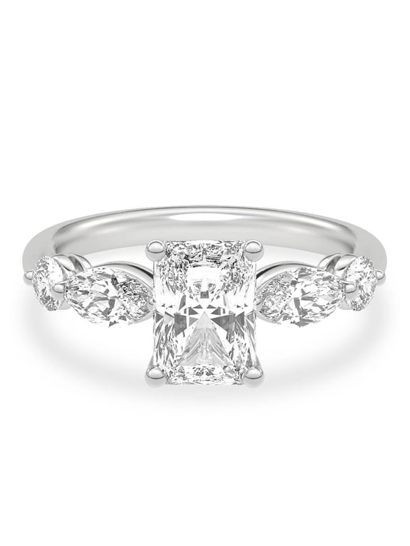 2.2 Ct Radiant Cut Lab-Created Simulated Diamond Engagement Solitaire Ring with Accents, 14K White Gold Plated