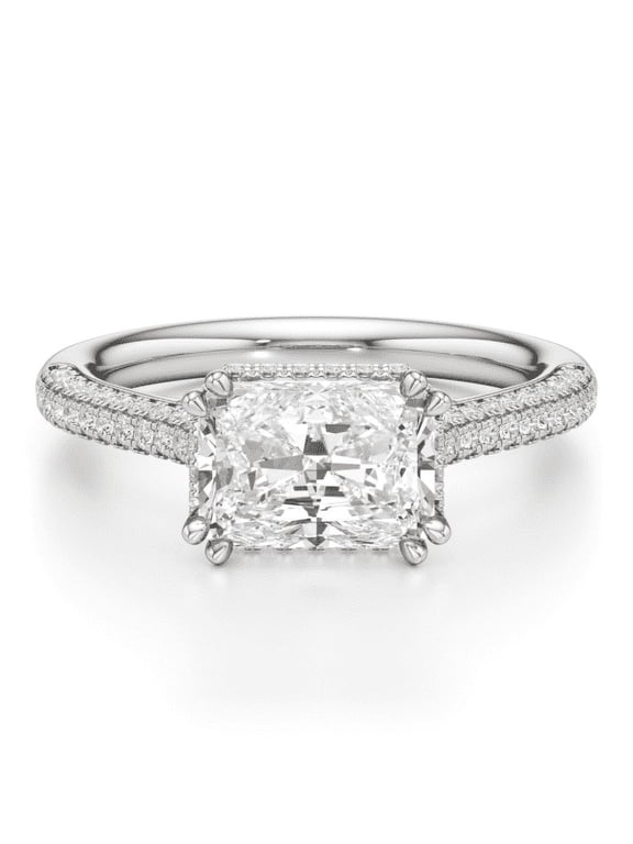 2 Ct Radiant Cut Solitaire Lab-Created Simulated Diamond Engagement Ring with Accent Stones, 14K White Gold Plated East and West Hidden Halo