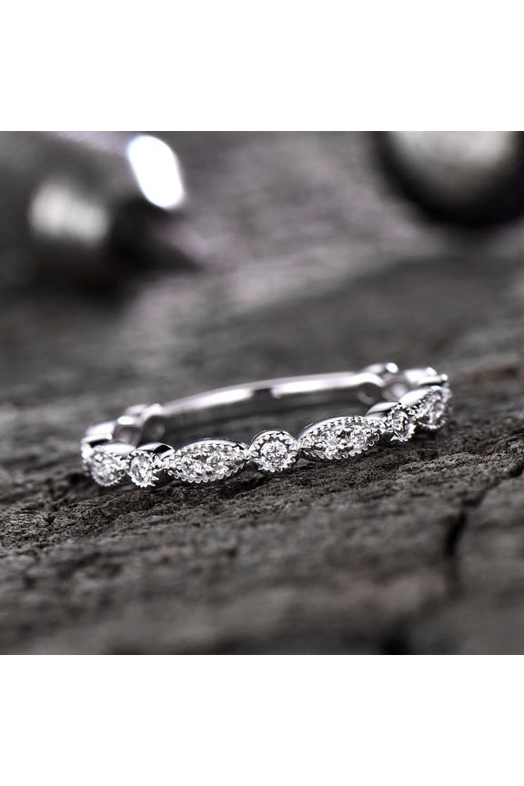 s 0.9 Ct Round Cut Moissanite Rings - 14K White Gold Plated Rings - Eternity Band - Milgrain Minimal Silver Band - Teen Her Birthday Gifts - Marquise & Round Moissanite Eternity Band