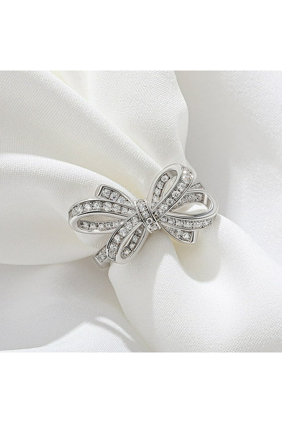 1.2 Ct Brilliant Round Cut Diamond Rings - 14K White Gold Plated Rings for Women's - Crisscross Bow Ring for Gift for Her - Glittering Bow Diamond Rings - Unique Diamond Jewelry for Her
