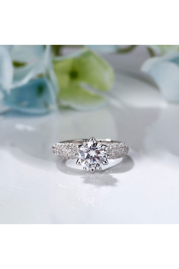 1.65 Ct Round Cut White Diamond Wedding Rings - 14K White Gold Plated Rings - Lotus Flower Nature Inspired Rings - Engagement Anniversary Pave Set Rings - Nature Theme Party Ring
