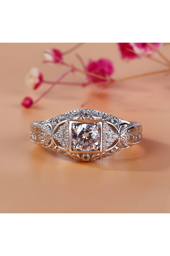 1.7 Ct VVS1 Round Cut Diamond Ring - Silver 14K White Gold Over Ring - Perfect Art Deco Vintage Wedding Ring - Geometric Vintage Engagement Ring For Women's - Anniversary Milgrain Ring