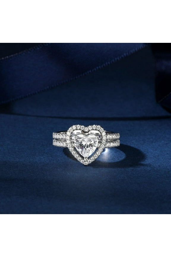 1.7Ct Heart Cut Diamond Ring - 14K White Gold Plated Ring - Elegant Bridal Set Wedding Rings - Silver Heart Shape Ring with Matching Band for Women's - Valentine Proposal Rings