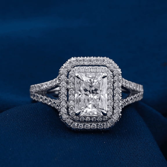 Eclet Jewels 1.9 Ct Lab Created Radiant Cut Diamond Double Halo Rings - 14K White gold Plated Rings - Modern Engagement Wedding Double Halo Rings For Her - Forever Diamond Split Shank Rings for Women
