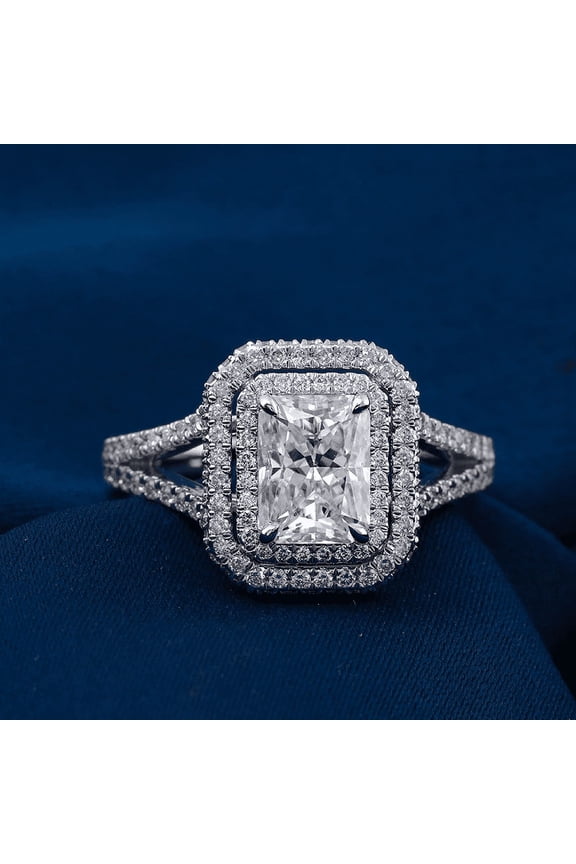 1.9 Ct Lab Created Radiant Cut Diamond Double Halo Rings - 14K White gold Plated Rings - Modern Engagement Wedding Double Halo Rings For Her - Forever Diamond Split Shank Rings for Women