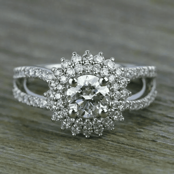 Eclet Jewels 1.9 Ct Round Brilliant Cut Diamond Rings - White Gold Over 14K Silver Diamond Rings for Her - Double Halo Solitaire With Accent Rings for Women's - Split Shank Diamond Rings for Women's