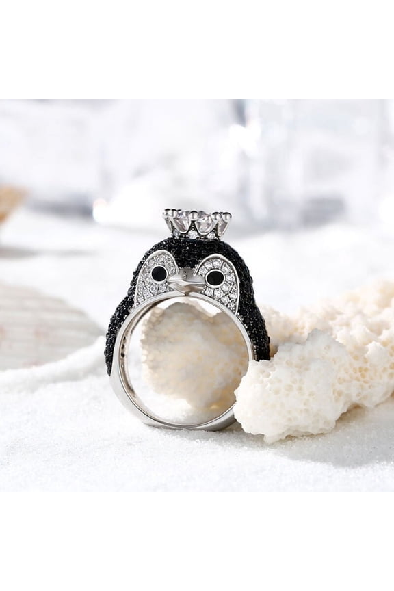 s 1 Ct Round Cut Moissanite Ring - Women's Silver Ring - Cute Penguin Shape Ring - Cluster Penguin Shape Ring for Animal Lover - Party Wear Moissanite Ring - Christmas Gift for Her
