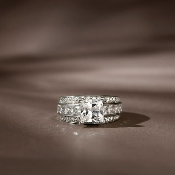 Eclet Jewels 14K White Gold Over Ring - 1.7 Ct Princess Cut Lab Created Simulated Diamond Ring for Women's - Engagement Wedding Silver Rings - Bridal Diamond Jewelry - Anniversary Channel Set Ring