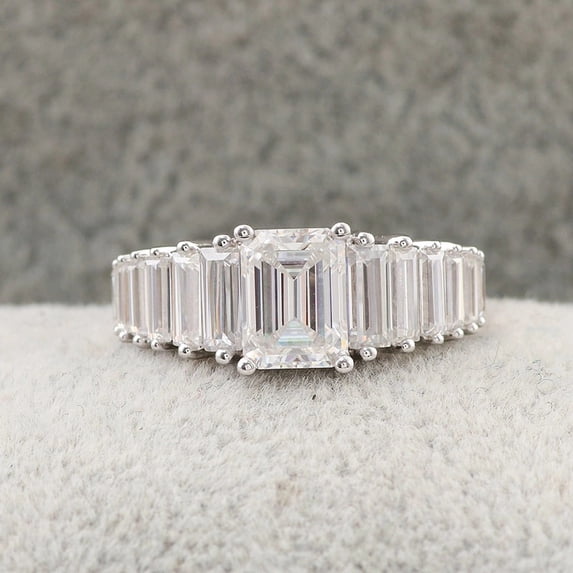 Eclet Jewels 14K White Gold Over Rings - 2 Ct Emerald Cut Diamond Rings - Engagement Gifts for Women's - Multi Stone Stacking Engagement Rings - Modern Elongated Emerald Diamond Ring for Women's