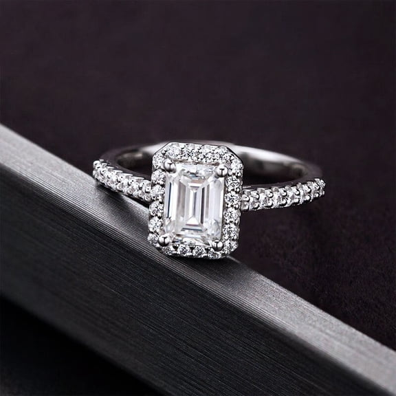 Eclet Jewels 14K White Gold Over Wedding Rings - 1.7 Ct Emerald Cut Diamond Rings - Modern Elongated Emerald Diamond Ring for Women's - Classic Halo Engagement Wedding Women's Ring - Baby Shower Gift