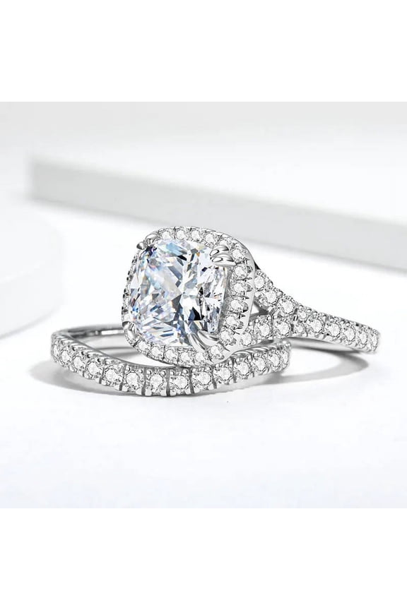 14K White Gold Plated Diamond Rings - Brilliant 1.8 Ct Round Cut Diamond Ring - Beautiful Bridal Set Rings - Halo Ring and Eternity Diamond Rings for Couples - Gifts for Couples