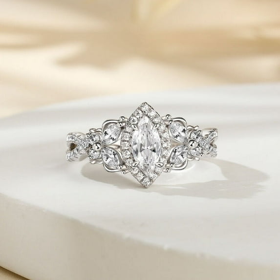Eclet Jewels 14K White Gold Plated Engagement Rings - 2 Ct Marquise Cut Lab Created Simulated Diamond - Engagement Surprise Diamond Rings for Women's - Multi-Row Wedding Diamond Rings for Women's