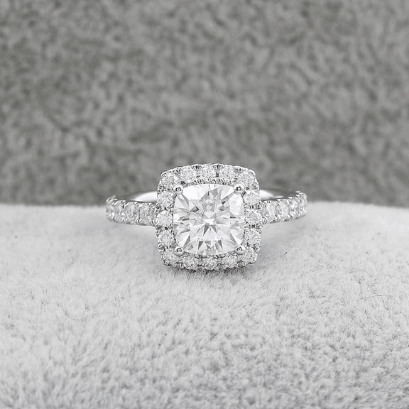 Eclet Jewels 14K White Gold Plated Moissanite Ring - 1.9 Ct Cushion Cut Moissanite - Halo Solitaire with Accent Engagement Rings for Her - Ever & Ever Halo-Style Engagement Rings