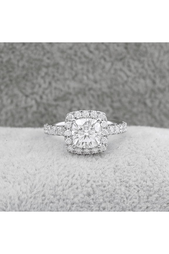 s 14K White Gold Plated Moissanite Ring - 1.9 Ct Cushion Cut Moissanite - Halo Solitaire with Accent Engagement Rings for Her - Ever & Ever Halo-Style Engagement Rings