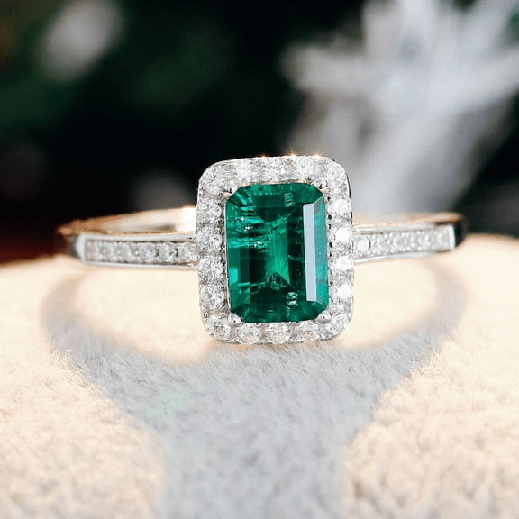 Eclet Jewels 14K White Gold Plated Moissanite Rings - Emerald Cut Excellent 2 Ct Moissanite Rings For Women's - Halo with Green Moissanite Rings for Women's - solitaire Moissanite With Accent Rings