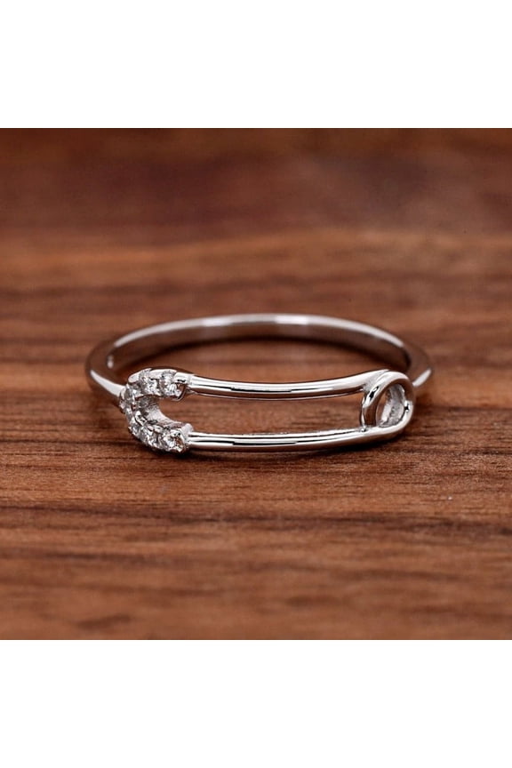s 14K White Gold Plated Ring - 0.4 Ct Round Brilliant Cut Moissanite Ring - New Safety Pin Shaped Curved Antique Silver Plated Women Ring - Safety Pin Shape Moissanite Rings for Women's