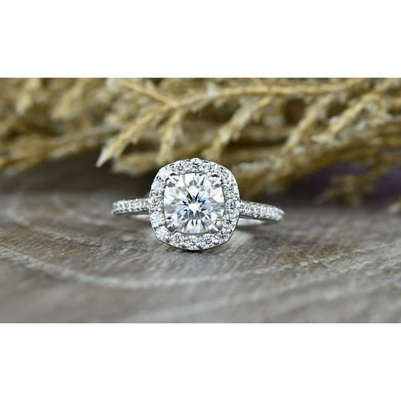 Eclet Jewels 14K White Gold Plated Ring - 2.1 Ct Round Brilliant Cut Moissanite Ring - Wedding Cushion Halo Ring For Women's - Christmas Special Gift for Her - Party Wear Moissanite Ring Gift