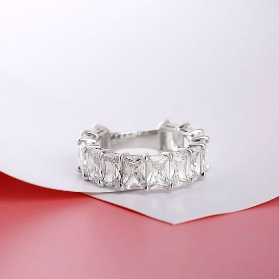 Eclet Jewels 14K White Gold Plated Ring - Radiant Cut 4 Ct Moissanite Ring for Gifts - Eternity Classic Band Moissanite Ring For Her - Engagement Designer Silver Moissanite Ring for Women's