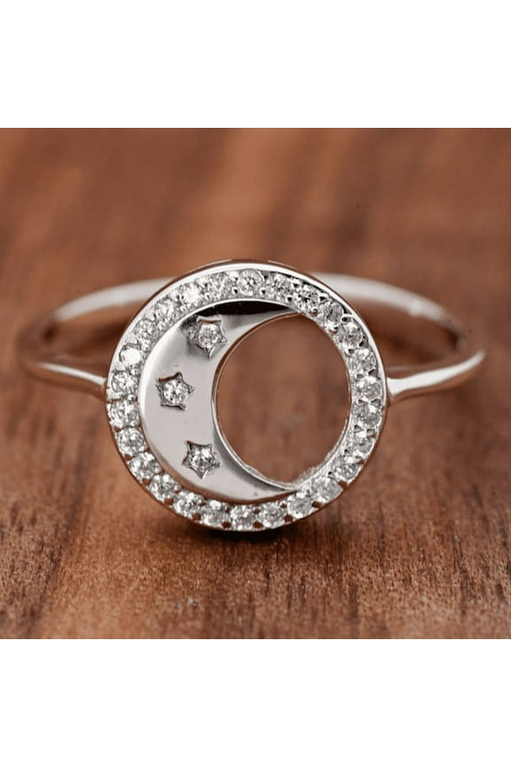 s 14K White Gold Plated Rings - 0.9 Ct Brilliant Round Cut Moissanite Rings - Halo Half Moon Designer Jewelry for Her - Star Shape Design Silver Rings for Teen Her Birthday Gifts