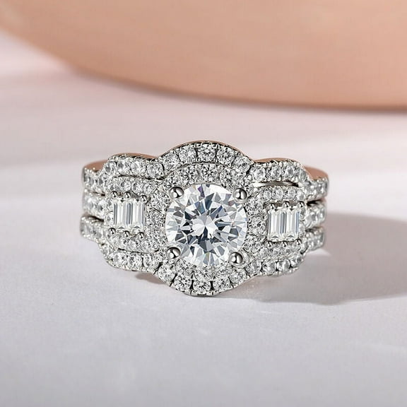 Eclet Jewels 14K White Gold Plated Rings - 1.8 Ct Round Cut Moissanite Rings - Bridal Set Engagement Silver Rings with Two Matching Bands - Unique Trio Collection with Matching Band for Women's