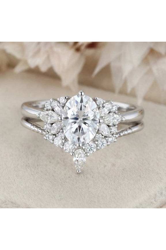 14K White Gold Plated Rings - 1.9 Ct Oval Cut Diamond Rings - Bridal Set Cluster Engagement Sterling Fine Ring for Her - Party Wear Diamond Jewelry for Women's - Wedding Proposal Rings