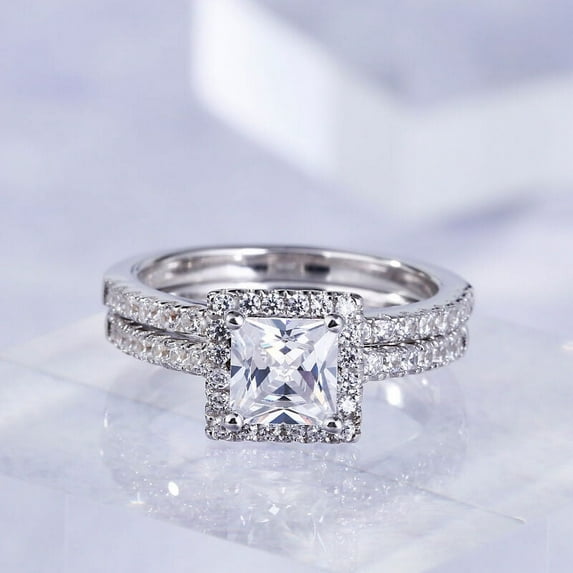 Eclet Jewels 14K White Gold Plated Rings - 1.9 Ct Princess Cut Diamond Rings - Bridal Set Wedding Halo Silver Rings - Unique Jewelry Collection with Matching Band for Women's - Proposal Ring