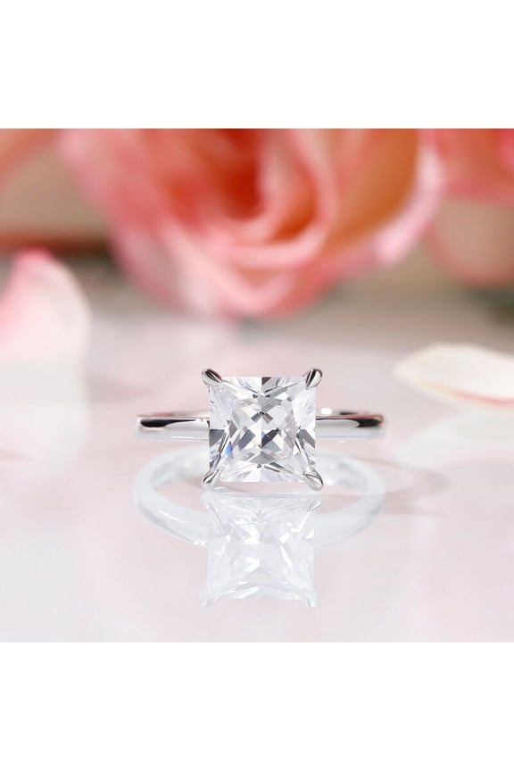 s 14K White Gold Plated Solitaire Rings - 1.8 Ct Princess Cut Moissanite - Wedding Proposal Rings for Girlfriend - Party Wear Moissanite Rings - Causal Office Wear Rings