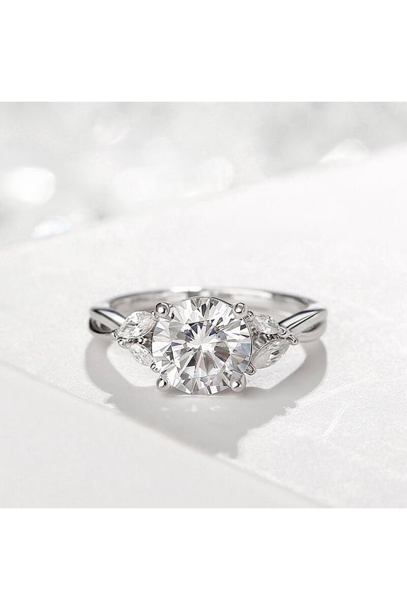 14K White Gold Plated Three Stone Engagement Wedding Rings - 2 Ct Round Cut Diamond Fancy Anniversary Rings Gift for Women's - Cluster Diamond Ring for Birthday Gift - Proposal Rings