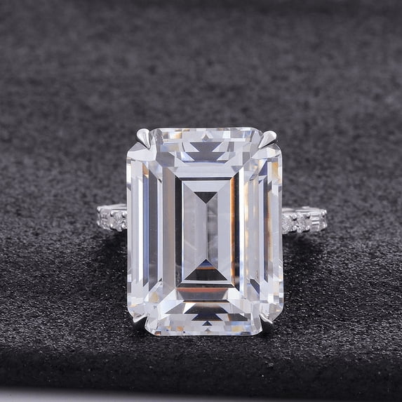 Eclet Jewels 14K White gold Plated Diamond Rings - Excellent 2.4 Ct Emerald Cut Lab Created Simulated Diamond Ring - Solitaire with Accent Diamond Rings for Her - Simple Engagement Wedding Ring
