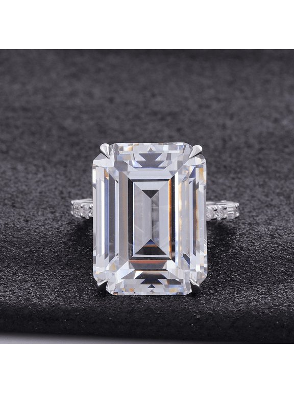 14K White gold Plated Diamond Rings - Excellent 2.4 Ct Emerald Cut Lab Created Simulated Diamond Ring - Solitaire with Accent Diamond Rings for Her - Simple Engagement Wedding Ring