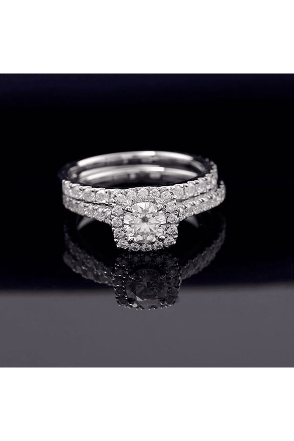 14K White gold Plated Rings - 1.7 Ct Round Cut Simulated Diamond Rings - Bridal Stacking Diamond Ring - Bridal Set Party Wear Halo Diamond Rings - Causal Daily Wear Ring For Her