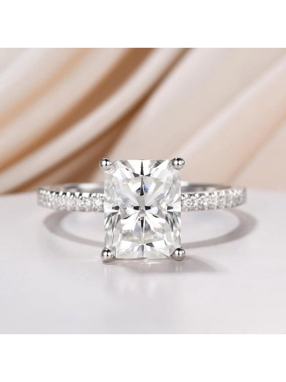 2.1 Ct VVS1/D Radiant Cut Lab Created Simulated Diamond Ring - Silver 14K White Gold Plated Ring - Solitaire with Accent Diamond Rings for Women's - Diamond Rings for Her
