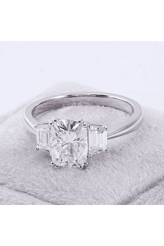 2.1 Ct VVS1/D Radiant Cut Moissanite Ring - Silver 14K White Gold Plated Ring - Trinity Moissanite Rings for Women's - Three-Stone Engagement Rings for Women's