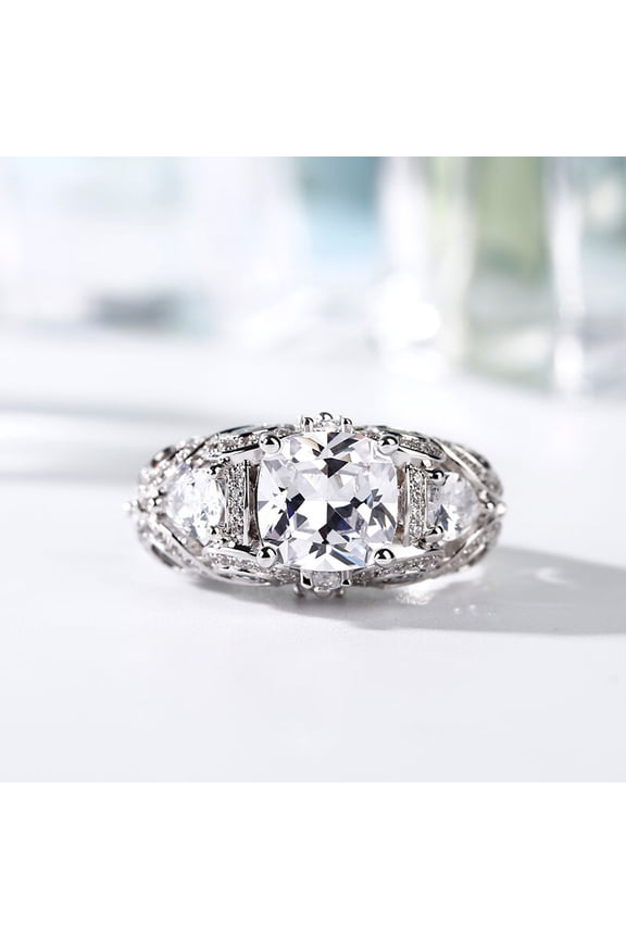 2 Ct Cushion Cut Diamond Rings for Gifts - 14K White Gold Over Wedding Ring - Vintage Inspired Engagement Wedding Ring for Women's - Retro style Heavy Multi Diamond Rings for Women's