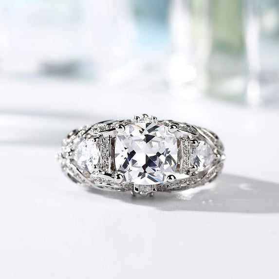 Eclet Jewels 2 Ct Cushion Cut Diamond Rings for Gifts - 14K White Gold Over Wedding Ring - Vintage Inspired Engagement Wedding Ring for Women's - Retro style Heavy Multi Diamond Rings for Women's