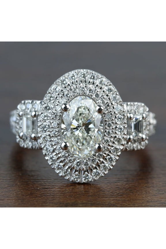 2 Ct Lab Diamond Oval Cut Wedding Rings - 14K White gold Plated Rings - Double halo Rings On Clearance - Silver Diamond Beautiful Special Occasion Rings - Vintage Inspired Style Rings