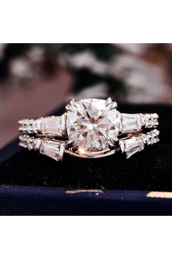 2 Ct Radiant Cut Diamond Engagement Rings - 14K White gold Plated Rings -Mid Century Wedding Promise Ring with Matching Bands - Bridal Set White Diamond Beautiful Special Occasion Rings