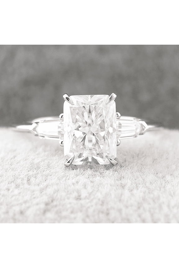 2 Ct Radiant Cut Diamond Rings - 14K White Gold Plated Rings - Mid Century Wedding Baguette Rings - Solitaire Engagement Sterling Silver Ring for Her - Valentine Proposal Rings
