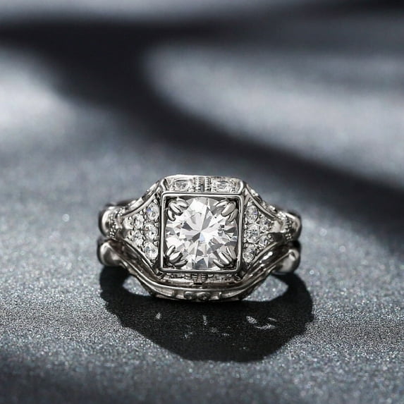 Eclet Jewels Antique Reproduction Of Vintage Jewelry for Women's - 1.8 Ct White Diamond Silver Ring Set - Retro Vintage Ring with Matching Band - Engagement Wedding Bridal Ring Set - Bridal Jewelry