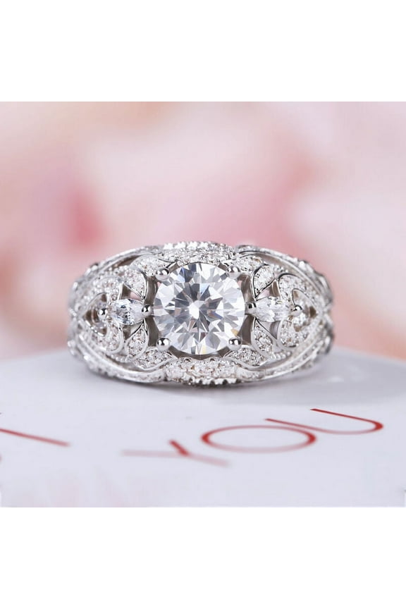 Antique Vintage Ring for Women's - Brilliant 1.9 Ct Round Cut Diamond Ring - 14K White Gold Over Ring - Geometric Late Art Decoration Vintage Wedding Ring - Reproduction Of Vintage Ring