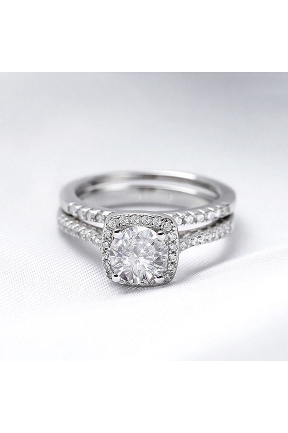 Brilliant 1.9 Ct Round Cut Diamond Ring - 14K White Gold Plated Diamond Ring - Engagement Wedding Diamond Rings for Couples - Solitaire with Accent and Eternity Rings for Couples